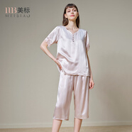 美標(biāo)（MEIBIAO）送愛(ài)人禮物短袖真絲睡衣女春夏19姆米重磅套裝100%桑蠶絲綢家居服 灰粉 短袖七分褲套裝 L (165/88A)