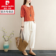 皮爾卡丹（pierre cardin）中年棉麻休閑褲套裝女時尚夏季新款夏裝新款洋氣亞麻上衣兩件套 桔色套裝 XL 建議135-155斤