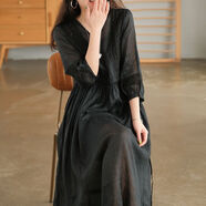 JRKBL棉麻連衣裙 亞麻裙子高檔斷碼撤柜剪標女文藝天絲苧麻V領(lǐng)蕾絲大擺 黑色 XL【建議130-145斤】