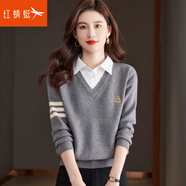紅蜻蜓針織衫女襯衫領(lǐng)2025年春季新款女裝假兩件打底衫長袖t恤女士上衣 灰色 均碼 【適合80-145斤】