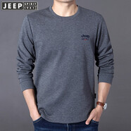 JEEP SPIRIT長袖t恤寬松大碼春秋季男士圓領(lǐng)套頭衫純色棉質(zhì)體恤繡標(biāo)開衩上衣 灰色 L175/96A建議135-145斤
