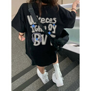 嬌茹妮 100%純棉美式復(fù)古2025年春夏新款短袖t恤女寬松oversize上衣ins 黑色（260克100%棉重磅） M (83—105斤）