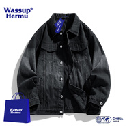 WASSUP HERMU牛仔外套男春秋季美式高街漸變色夾克上衣復(fù)古情侶裝休閑牛仔衣 黑色 2XL （建議170-190斤）