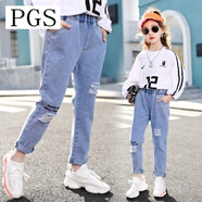 童裝女童牛仔褲春秋2020新款女童褲子中大童兒童寶寶休閑長(cháng)褲子潮 繡花字母破洞真口袋款 110 建議身高110cm