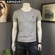 AWNGUR 歐洲站潮牌條紋短袖T恤男夏季圓領(lǐng)修身刺繡小蜜蜂半袖?；晟荔w恤 白色  XL