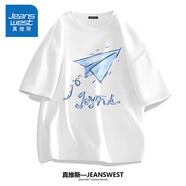 真維斯（Jeanswest）半袖男夏季大碼男士衣服男生純棉休閑短袖體恤胖子寬松男裝白t恤 白色(折紙飛機) 5XL (建議230斤-260斤左右)