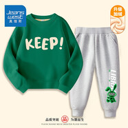 真維斯（Jeanswest）兒童套裝秋冬新款中大童加絨保暖長褲男女童圓領(lǐng)衛(wèi)衣加厚兩件套潮 【加絨套裝】綠灰色（保持白墨） 130