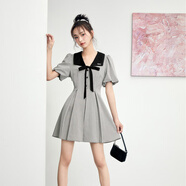 樂(lè )町大翻領(lǐng)蝴蝶結甜美連衣裙23年夏季新款格紋顯瘦百褶裙 黑白格紋1(現貨) M