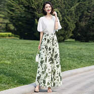 萌芯茴2023夏新款雪紡半身裙長(cháng)款裙子波西米亞碎花大擺女沙灘裙長(cháng)裙 米綠葉子【裙長(cháng)90cm】 L 100-120斤
