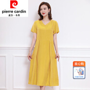 皮爾卡丹（pierre cardin）女裝銅氨絲V領(lǐng)連衣裙寬松收腰遮肚子真絲純色氣質(zhì)短袖長(zhǎng)裙夏 皮爾卡丹-時(shí)尚黃 皮爾卡丹-M
