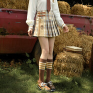 森女部落原創(chuàng  )復古英倫風(fēng)學(xué)院領(lǐng)帶襯衫高腰格裙半身裙時(shí)尚套裝新款 卡其色半身裙（單件）（單件） M