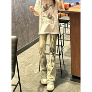 7家優(yōu)品美式高街vibe褲子黃泥顯瘦直筒牛仔褲男女款高腰彈力修身微喇褲 YCFS-821黃色 S