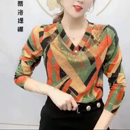 【新品女裝】打底衫女內(nèi)搭修身上衣百搭長袖t恤秋冬加絨長袖打底衫女立瓴顯瘦上衣中年時(shí)尚保暖修身T恤 V瓴燙鉆撞色【薄款】 3XL 建議120-130斤
