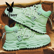 花花公子高幫男鞋2025新款秋季厚底休閑青少年運動(dòng)鞋子男皮面潮流老爹鞋 綠色【主圖款】 39