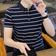 zzang&ins輕奢高端品牌短袖POLO衫男士夏裝條紋翻領(lǐng)休閑打底衫商務(wù) t恤衣服 1717寶藍(lán)/白條紋 3XL （建議160-175斤）