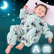 越貝樂(lè ) 寶寶睡袋秋冬保暖法蘭絨連體嬰兒睡衣中大兒童分腿防踢被居家衣 單層法蘭絨綠色小熊 M碼(建議身高65-85cm)