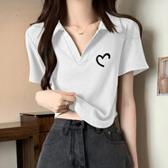 UZSC正肩棉短袖T恤女夏季2025新款修身顯瘦緊身領(lǐng)短款上衣女裝 白色-黑半心 2XL  適合115-130斤