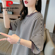 皮爾卡丹（pierre cardin）棉短袖t恤女2025新款大尺碼裝條紋夏裝寬松中長(zhǎng)款遮屁股洋氣上衣 棕色 L (適合111-140斤)