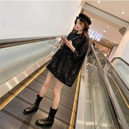 BMOI韓版春夏中長(cháng)款bf風(fēng)寬松半袖亮片重工T恤上衣亮閃閃寬松連衣裙 黑色 (黑亮片黑里布) M