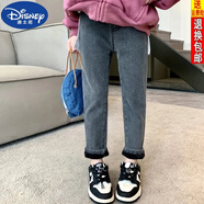 迪士尼（DISNEY）女童牛仔褲春秋款洋氣兒童冬季女童褲子加絨外穿中大童彈力鉛筆褲 黑灰色加絨 110【正常尺碼下單偏胖拍大一號
