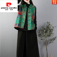 皮爾卡丹（pierre cardin）復(fù)古民族風(fēng)印花棉麻中式盤扣背心馬甲新款2024女春秋坎肩馬夾外套 綠色 3XL 建議130-145斤