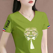 伊森尼尼v領(lǐng)短袖t恤女2025夏季女裝新款韓版寬松休閑體恤女上衣打底衫 V領(lǐng)綠色【國風(fēng)花邊】 XL 建議110-120斤