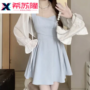 希蘇隆松本喪喪 純色甜美溫柔風(fēng)交叉綁帶吊帶裙少女感收腰超顯瘦連衣裙 白色開(kāi)衫藍色連衣裙短款【兩件套】 L 【建議1112斤】