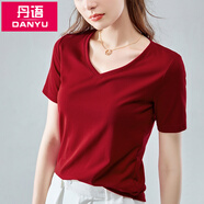 丹語(yǔ)（DANYU）v領(lǐng)短袖t恤女夏季新款半袖純色棉體恤基本款紫色上衣女 車(chē)厘子紅 XL