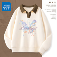 真維斯（JEANSWEST）衛(wèi)衣女外套春秋冬季新款polo領撞色寬松上衣服女生長袖設計感女裝 米色 淡彩蝴蝶 L 【推薦體重121-140斤】