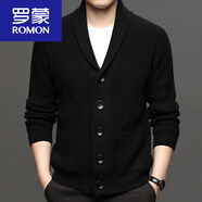 羅蒙（ROMON）春秋款青果領(lǐng)毛衣男寬松含羊毛針織開(kāi)衫粗線(xiàn)加厚慵懶外套潮 黑色 175/XL