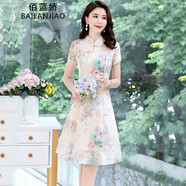 佰藍嬌旗袍改良連衣裙女裝2025夏季新款高級感氣質(zhì)小個子新中式國風(fēng)裙子 杏色 L （建議110斤內(nèi)）