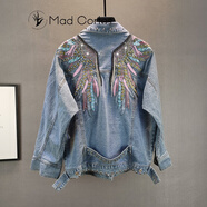 Mad Cortes 高級(jí)感牛仔外套女春休閑寬松顯瘦翅膀刺繡流蘇長(zhǎng)袖上衣外套 藍(lán)色 均碼