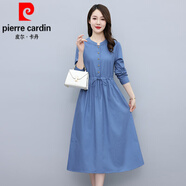 皮爾卡丹（pierre cardin）純棉長(cháng)袖連衣裙2025春秋新款收腰顯瘦氣質(zhì)中長(cháng)款純色棉麻休閑長(cháng)裙 藍色 M