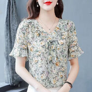 賢語(yǔ)碎花小衫女夏季2024新款設計感洋氣韓版荷葉邊短袖別致上衣雪紡衫 黃色花 M100斤一下