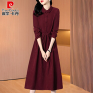 皮爾卡丹喜婆婆婚宴裝平時可穿連衣裙女春秋2025新款高端中年媽媽棉麻禮服 酒紅 M (建議85-105斤左右)