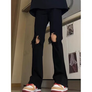 逐夢顏破洞牛仔褲男寬松直筒夏季韓版百搭褲子潮流美式復(fù)古痞帥闊腿長褲 GJ707杰黑色【毛邊破洞款】 2XL
