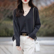 清迎【云霧感】100%純棉針織開(kāi)衫女圓領(lǐng)軟糯慵懶毛衣大碼外套外搭上衣 灰色856 L