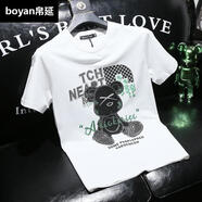 帛延歐洲站高端圓領(lǐng)絲光棉短袖T恤男夏季新款重工燙鉆小熊體恤修身潮 白色 M