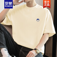 羅蒙（ROMON）260g美式重磅純棉t恤男短袖寬松潮流夏季半袖圓領(lǐng)上衣服全棉體恤 M09-662米黃色 S 【80-100斤】