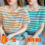 妥妮短袖t恤女2025夏季女裝新款寬松百搭時尚休閑體恤上衣打底衫 橘色刺繡+綠色刺繡【兩件裝】 XL 建議110-120斤