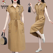 啄木鳥(niǎo)高端棉麻連衣裙女2025夏季新款大尺碼寬松洋氣中年百搭亞麻裙子 卡其色 XL(建議115斤-130斤)