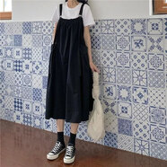 傳祺威登 大碼300斤日系學(xué)院風(fēng)背帶裙女夏款韓版寬松百搭中長(cháng)吊帶連衣裙子 黑色-背帶裙(單件) 2XL 建議126-135斤