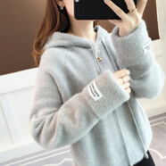 記述春秋仿水貂新款毛衣女寬松慵懶風(fēng)連帽套頭上衣潮 8008灰色 #M(建議85-105斤)