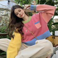 KAHTOP2024秋冬新款韓版女裝彩色短款套頭毛衣女減齡長(zhǎng)袖針織衫上衣LDS 粉色 均碼(80-130斤)