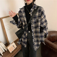 木清清 微胖mm藏藍格子襯衫秋冬新款大碼女裝胖妹妹寬松顯瘦疊穿襯衣百搭加厚外套 圖片色 S碼 90-100斤