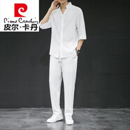 皮爾卡丹（pierre cardin）夏季冰絲套裝男中袖兩件套大碼寬松中袖T恤運(yùn)動(dòng)裝針織 白色 【上衣+褲子】 2XL (120斤-135斤)