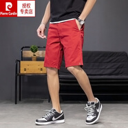 皮爾卡丹休閑5分褲男潮流修身夏季薄款商務(wù)小西褲短褲系皮帶純棉外穿五分 酒紅色 32