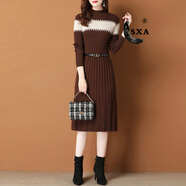 SXA香港潮牌長(cháng)袖針織連衣裙女秋冬新款條紋打底裙過(guò)膝百褶毛衣A字裙 咖色 M