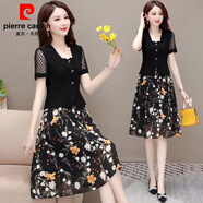 皮爾卡丹雪紡印花拼接假兩件連衣裙女2025夏季新款中年媽i媽裝顯瘦短袖裙 黃花假兩件連衣裙 L 95斤-110斤