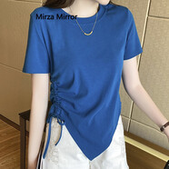 Mirza Mirror女士短袖2024年夏季新款t恤女修身不規則短款上衣設計感小眾 海藍色 均碼